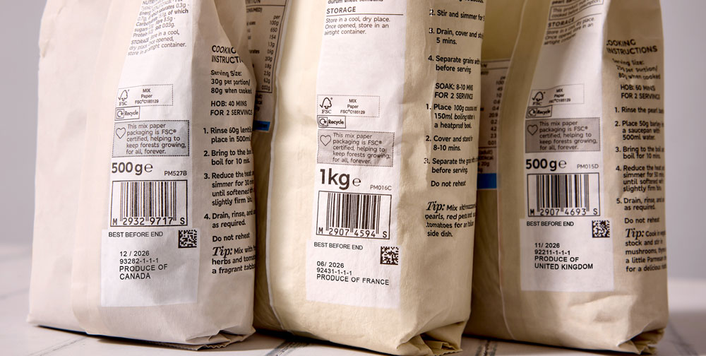 Thermal transfer overprinting on paper food pouches showing best before date, batch code and barcode