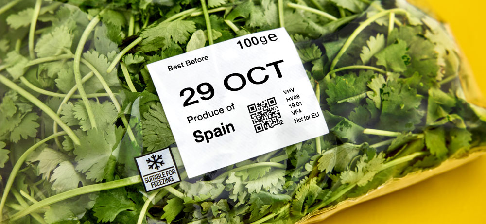 Thermal transfer overprinting on a flexible film produce bag with best before date, origin and 2D code