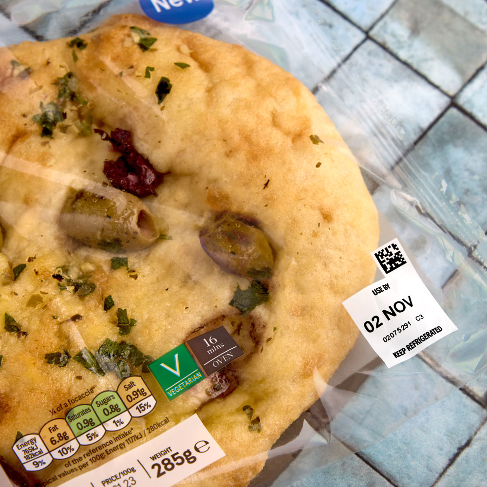 Chilled bakery pack coded with a use by date and 2D data matrix code